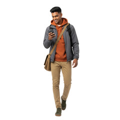 Fototapeta premium Smiling student checks his phone while walking, cutout isolated on transparent background