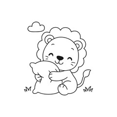 Fototapeta premium cute cartoon lion cub hugging heart balloon in soft pastel illustration