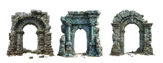 Set of three ancient stone arch ruins, weathered and crumbling, depicting historical or fantasy architecture, isolated on transparent background