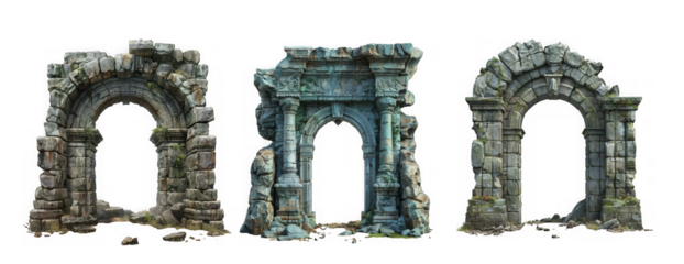 Set of three ancient stone arch ruins, weathered and crumbling, depicting historical or fantasy architecture, isolated on transparent background