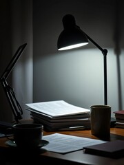 Desk lamp illuminates late-night work or study, papers and coffee cup, focus in the darkness,  caffeine,  lamp