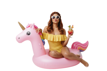 Poolside fantasy with a tropical drink and unicorn, cutout isolated on transparent background