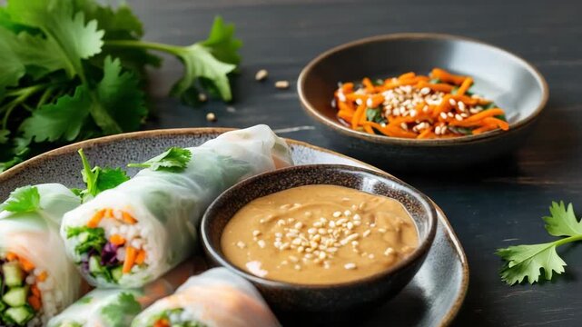 Fresh vegetable spring roll rice paper with peanut sauce sesame cilantro carrot vibrant wrap