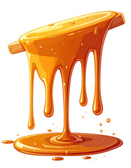 Glossy golden caramel drips from a wooden stick