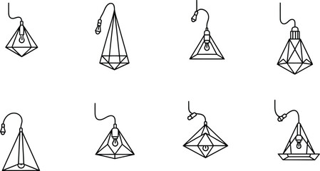 Collection of hanging geometric diamond-shaped pendant lights vector designs, featuring wireframe contours and visible bulbs, suitable for modern interior decoration, abstract architectural graphic.