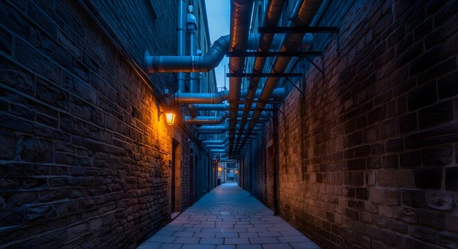 Dramatic alleyway scene with glowing lights and intriguing shadows creating a sense of mystery for urban exploration or suspenseful storytelling visuals
