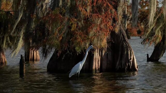Egret, Spanish Moss on Bald Cypress and Tupelo Trees in the Martin/Caddo Lake 