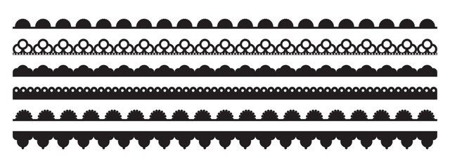 Vector scallop edge collection with perforated lace trim patterns. Elegant black borders featuring semicircular scalloped shapes and eyelet details for decorative framing and design projects.