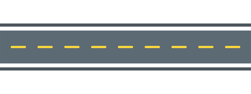 Straight road flat line illustration. Vector outline pictogram of a horizontal asphalt highway with yellow dashed center lane markings and white borders, direct travel route and journey path.