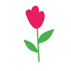 Simple pink tulip flower with green stem and leaves