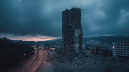 A tall building stands partially collapsed in the city during dusk surrounded by rubble and debris from recent destruction. The sky is cloudy and streets are empty.