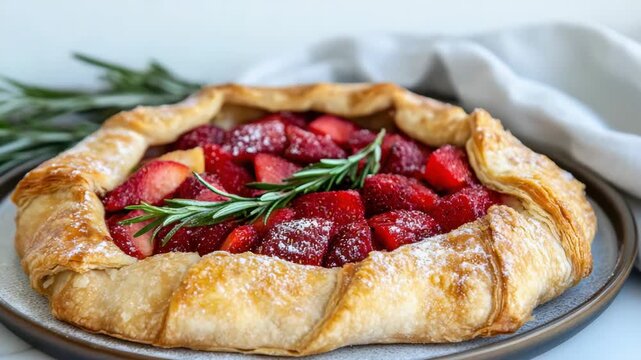Rustic strawberry galette pastry with golden flaky crust, rosemary garnish and powdered sugar