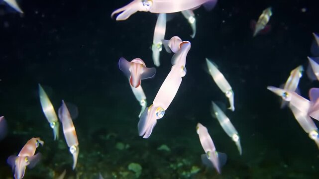 Group of small squids swimming in ocean at night, dark background, for marine biology