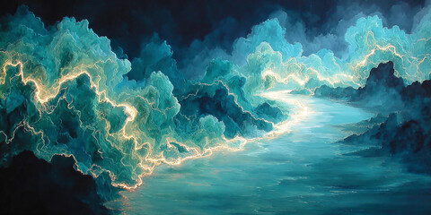 A breathtaking, ethereal landscape featuring luminous, glowing storm clouds and a winding river reflecting the celestial light, creating a surreal and mystical atmosphere