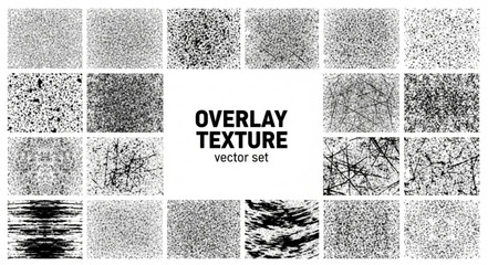 Overlay texture set. Different types of texture stamps (damaged, paint, old, concrete and other). Vector collection urban grunge overlay. Paint texture with spray effect and drop ink splashes. Vector