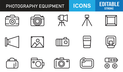 Clean Photography Symbol Collection Including Shooting Gear, Camera Tools, Light Stands, Reflectors, Backdrops, and Imaging Elements