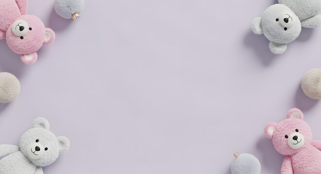 Cute Teddy Bears and Pom Poms Frame on Soft Purple Background for Baby Shower Invitation