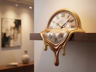 A surreal golden clock melting over a wooden shelf, depicting time's fluidity in an interior setting.