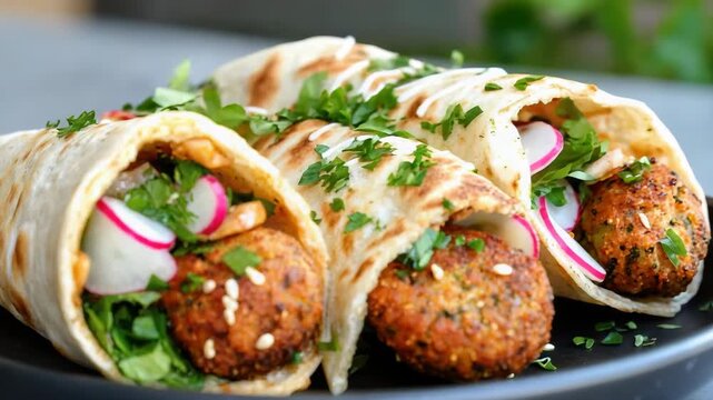 Crispy falafel wrap with fresh herbs, radish slices and sesame creamy sauce on flatbread