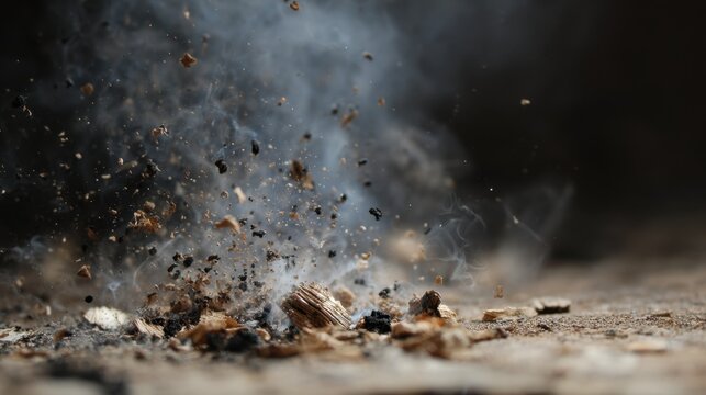 Tiny particles of wood and smoke emerge from a surface indicating an active woodworking process. Tools may be present as the craftsman works diligently on a project.