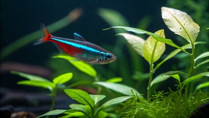 A vibrant neon tetra fish, with its distinctive blue and red stripe, gracefully swims amidst lush green aquatic plants in a freshwater aquarium environment