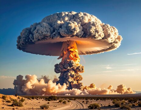 Mushroom cloud rises high above desert landscape
