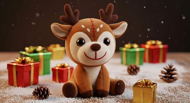 Festive Plush Reindeer with Gifts and Snow for Christmas Holiday Cheer