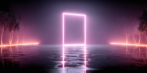 Mesmerizing neon light portal reflecting on a shimmering wet surface, flanked by glowing abstract trees, creating a mysterious and futuristic gateway to an unknown digital realm