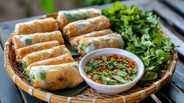 Crisp fried spring roll platter with herb and cilantro garnish and spicy dipping sauce