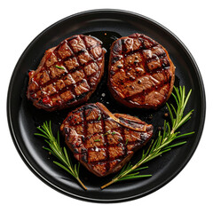 Grilled steaks, rosemary garnish on dark plate