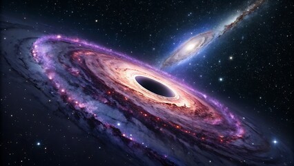 A vibrant spiral galaxy with a central black hole, surrounded by countless stars and nebulae, observed in the vast, dark, starfilled universe
