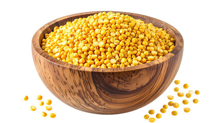 Wooden bowl filled with small yellow lentils