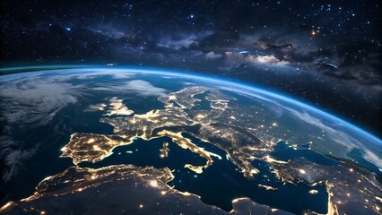 The majestic planet earth observed from space at night, revealing the intricate network of city lights illuminating europe and parts of africa