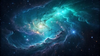 A spectacular cosmic nebula with swirling blue and green gas and bright stars, illustrating the breathtaking beauty and mystery of the universe