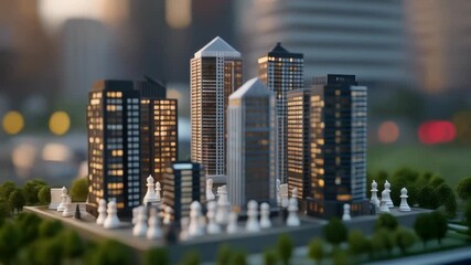 A chessboard with miniature houses and buildings as pieces symbolizes real estate investment and urban development strategies on a blurred cityscape background with warm lighting.