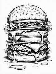 Detailed black and white line art illustration of a tall, dripping, and delicious burger stack
