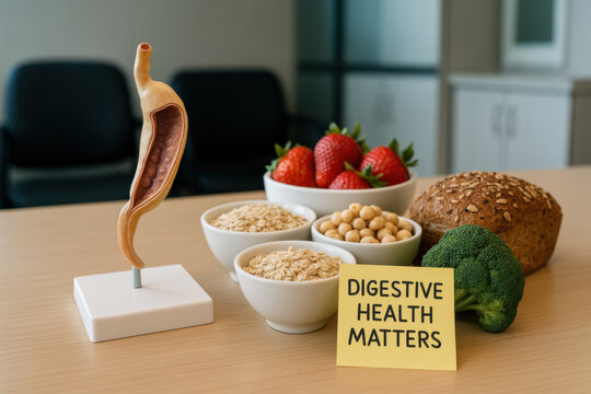 Positive focus on digestive health with stomach model and selection of high fiber food. Healthy nutrition like strawberry and oat on table for diet consultation