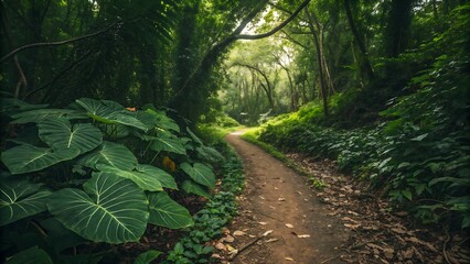 A winding dirt path through a vibrant, dense tropical forest, large green leaves in foreground, soft sunlight filtering through canopy