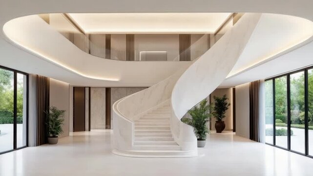Elegant grand luxury marble spiral staircase bright modern lobby foyer with large windows and plants