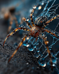 A captivating close-up reveals a majestic spider on its glistening web, adorned with sparkling morning dew, embodying the intricate beauty of nature's delicate architecture