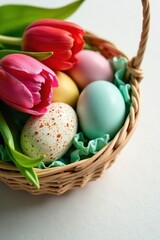 Colorful speckled eggs and bright tulips in a spring basket , happy, detail