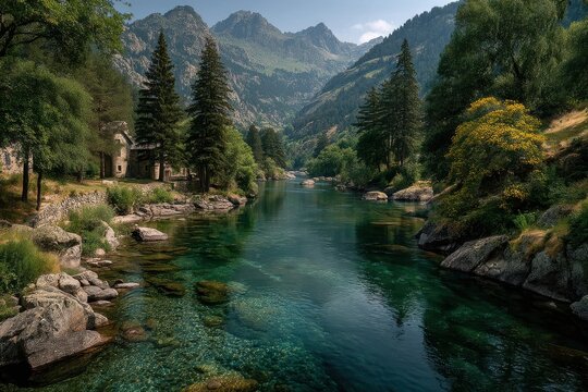Tranquil mountain river lake scene in Italy with lush greenery and rocky shore - Powered by Adobe