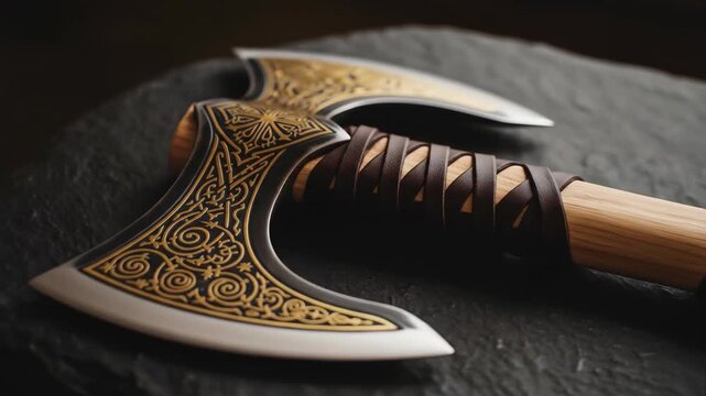 Ornate double-headed axe with golden pattern on dark background