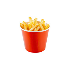 French fries in red paper cup on black