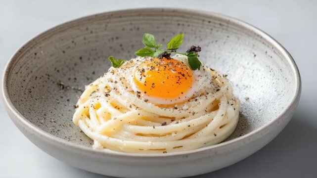 Creamy spaghetti nest with egg yolk, herb garnish and pasta creamy nest savory pasta
