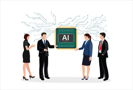 people work icon art design vector Depicting individuals collaborating around an artificial intelligence processor chip, symbolizing teamwork and futuristic technological advances