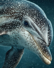 Close-up profile of a bottlenose dolphin swimming underwater in the ocean