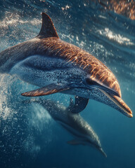 Two majestic spotted dolphins swimming in harmony through the crystal clear blue ocean waters, bathed in ethereal sunlight