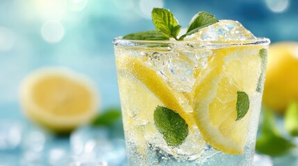 A cold glass of lemonade filled with ice cubes lemon slices and fresh mint leaves sits on a table. The bright blue background suggests a sunny day perfect for enjoying a refreshing drink.