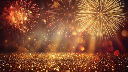 Sparkling Golden Fireworks Display with Festive Glittery Bokeh Background